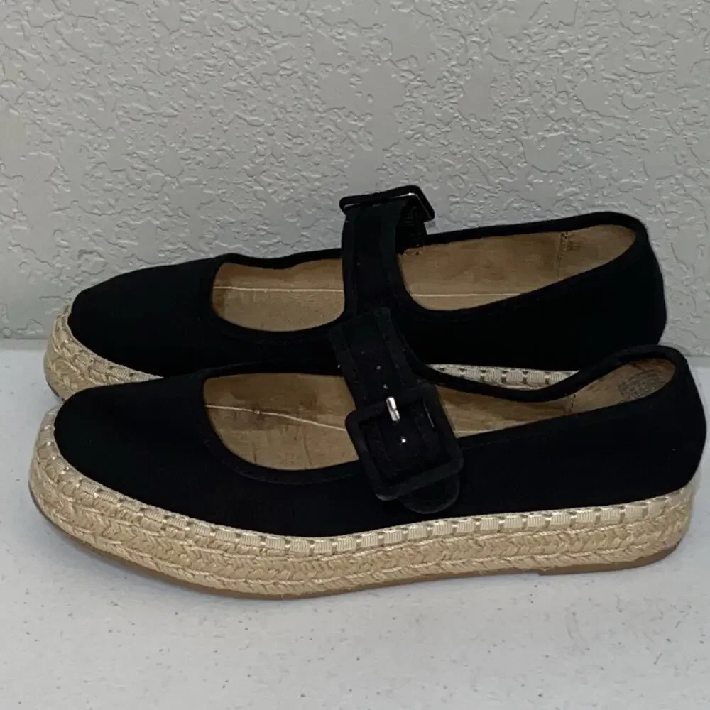 Sun + Stone Black Canvas Poppyy Espadrilles Mary Janes Shoes Women’s Size 7.5